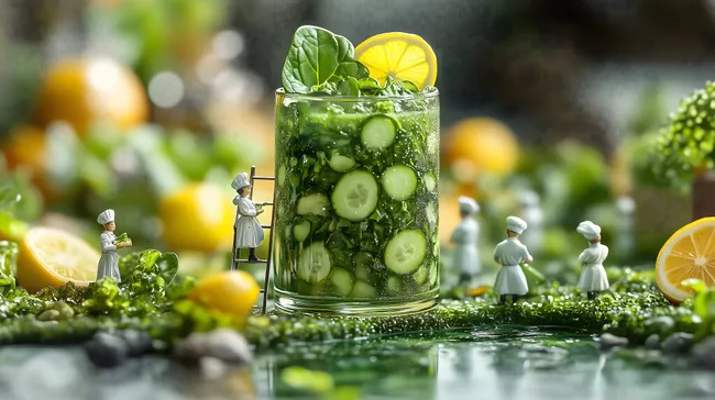Frischer Gurkendrink mit Miniatur-Köchen in grüner Umgebung