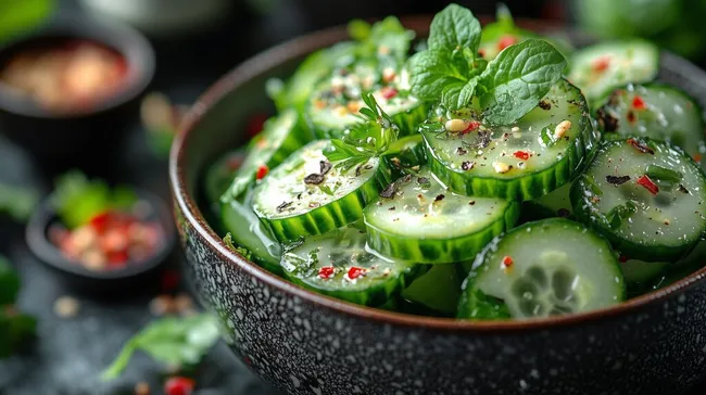 Frischer Gurkensalat mit Gewürzen in rustikaler Schüssel
