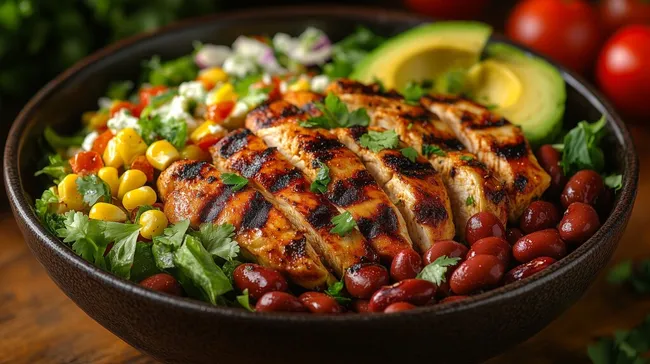 Frischer Hähnchensalat mit Avocado und Bohnen