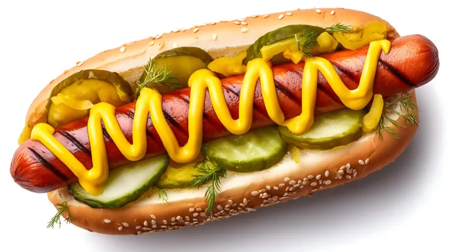 Frischer Hotdog mit Senf, Dillgurken und Tomate