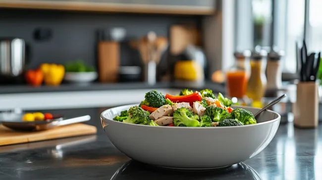 Frischer Hühnchensalat mit Brokkoli und Paprika in moderner Küche