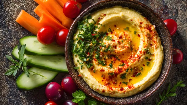 Frischer Hummus mit Gemüse und Kräutern