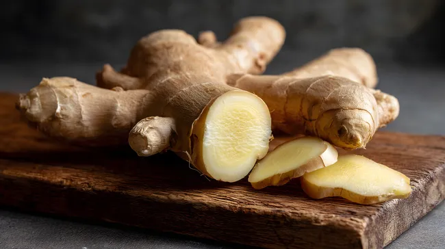 Frischer Ingwer auf rustikalem Holzbrett geschnitten