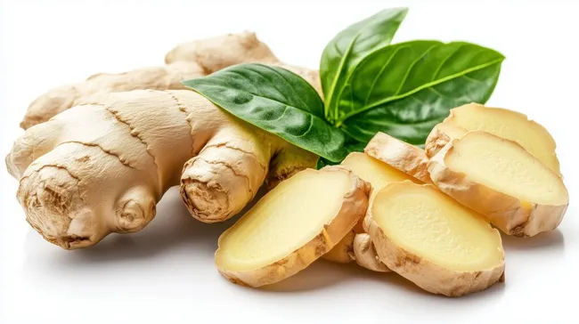 Frischer Ingwer mit Scheiben und Blättern