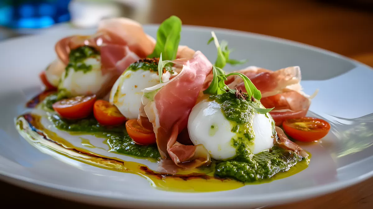 Frischer italienischer Burrata-Salat mit Schinken und Pesto
