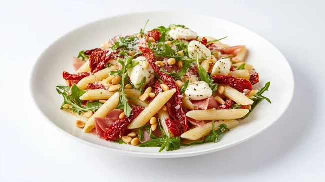 Frischer Italienischer Nudelsalat mit Tomaten und Mozzarella