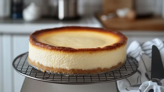 Frischer Käsekuchen auf Kühldrahtrost präsentiert