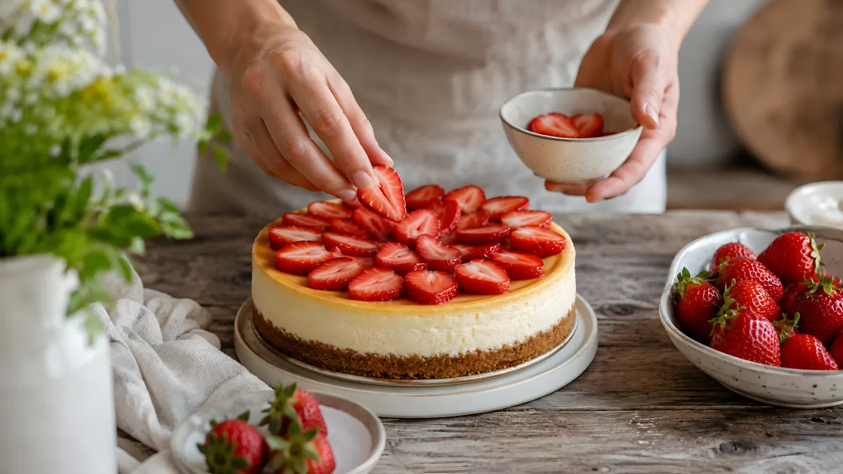 Frischer Käsekuchen mit Erdbeeren garniert