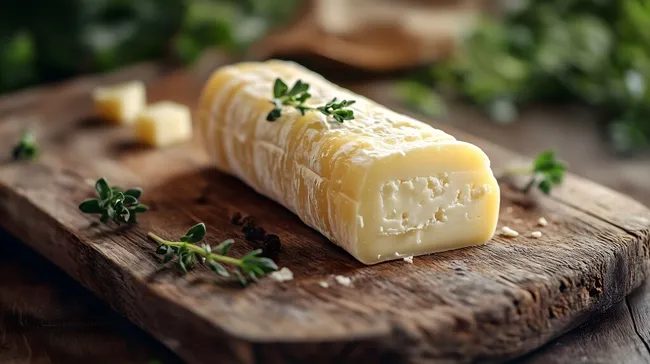 Frischer Käselaib mit grünen Kräutern auf Holzbrett
