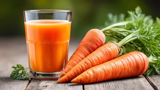 Frischer Karottensaft mit knackigen Karotten auf Holztisch