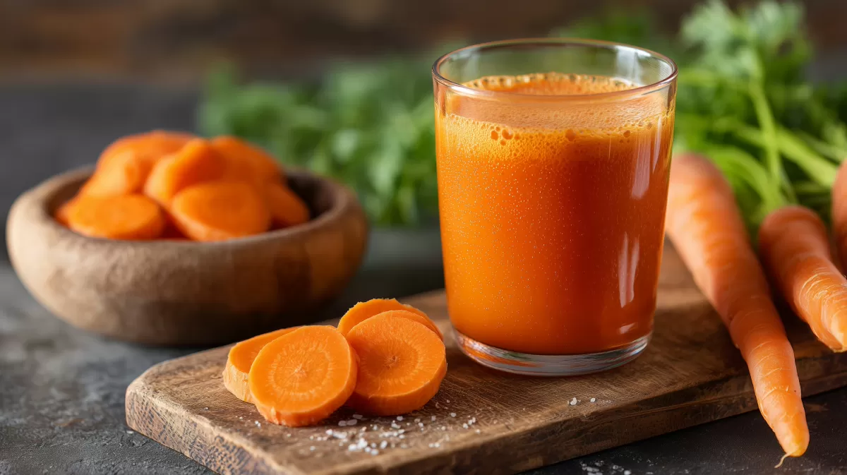 Frischer Karottensaft mit Möhren und Kräutern