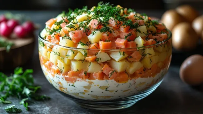 Frischer Kartoffelsalat mit Lachs und Kräutern in Glasschale