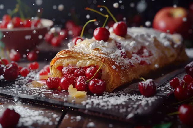 Frischer Kirschstrudel mit Puderzucker bestreut