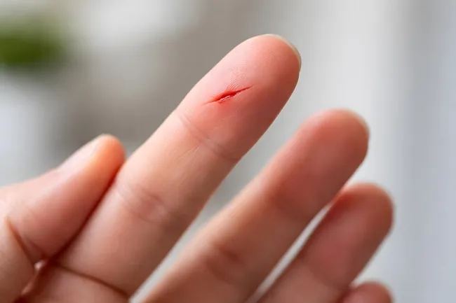 Frischer Kratzer am Finger mit roter Verletzung