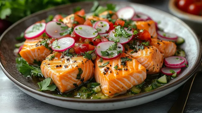 Frischer Lachs-Salat mit Gemüse und Kräutern