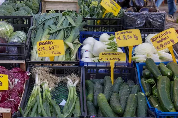 Frischer Lauch, Fenchel, Gurken und Frühlingzwiebeln auf dem Markt in Rom