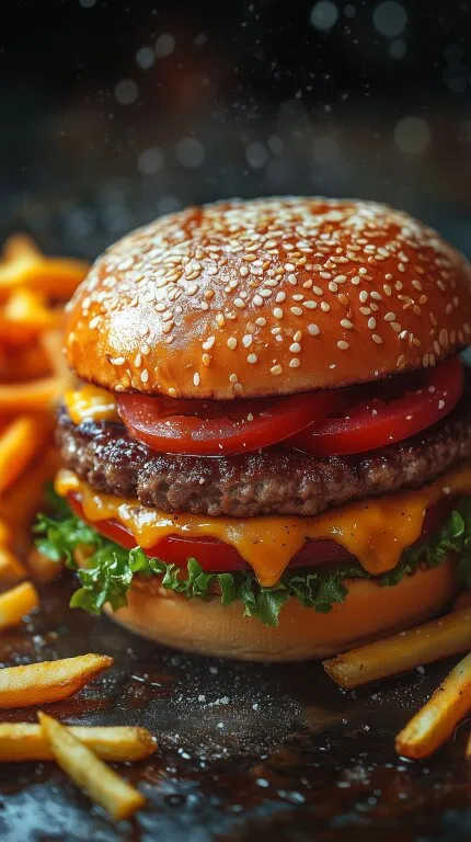 Frischer, leckerer Cheeseburger mit Pommes frites