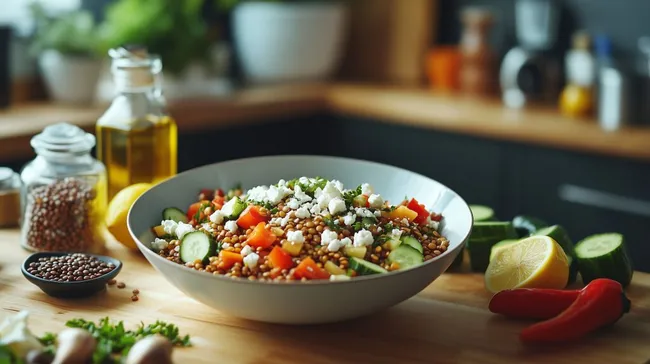 Frischer Linsen-Gemüse-Salat in moderner Küchenszene