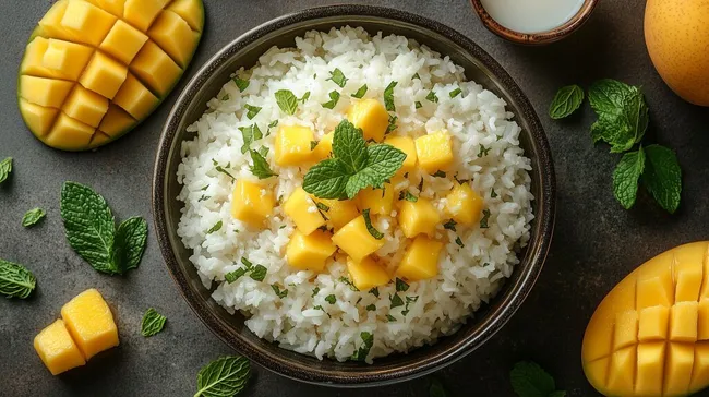 Frischer Mangosalat mit Reis und Minze