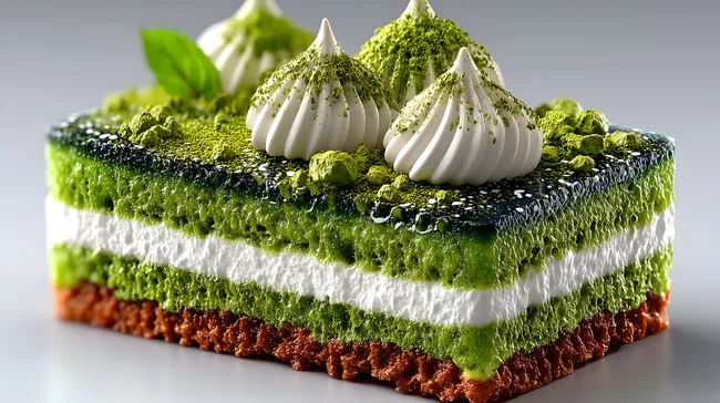 Frischer Matcha-Kuchen mit sahniger Creme und knusprigem Boden
