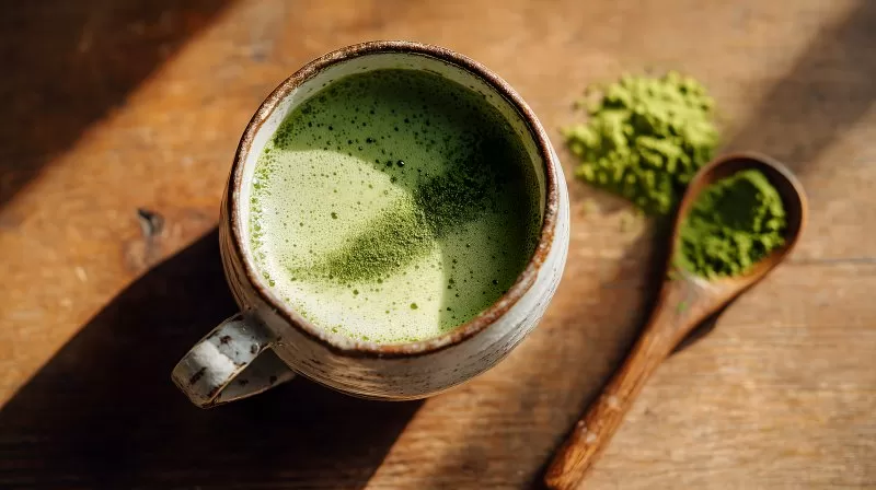 Frischer Matcha Latte in rustikaler Tasse auf Holz