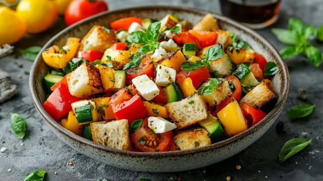 Frischer, mediterraner Panzanella-Salat mit Gemüse und Feta