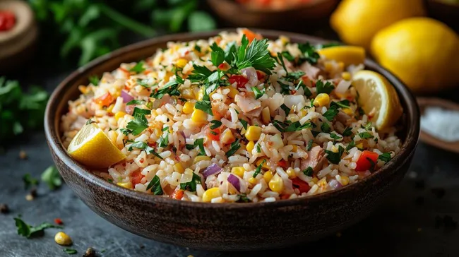 Frischer mediterraner Reis-Gemüse-Salat mit Zitrone