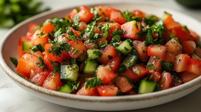 Frischer mediterraner Tomatensalat in rustikaler Schüssel