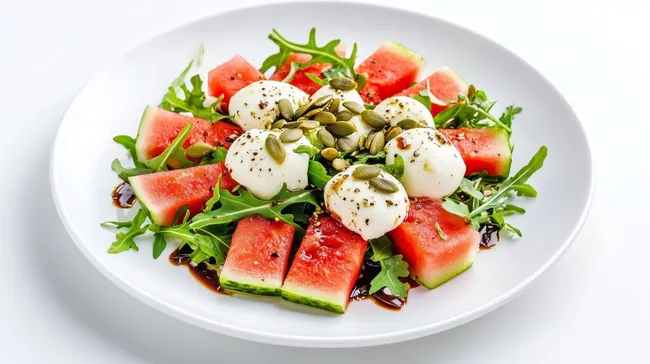 Frischer Melonen-Mozzarella-Salat mit Rucola und Kürbiskernen
