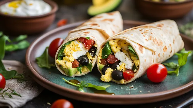 Frischer Mexikanischer Frühstücks-Burrito mit Gemüse und Käse