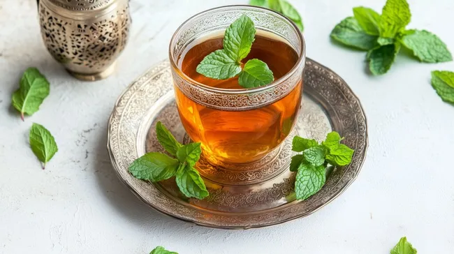 Frischer Minztee mit Zitrone in elegantem Glasbecher