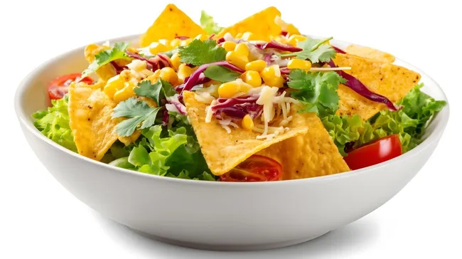 Frischer Nachos-Salat mit Mais, Käse und Gemüse