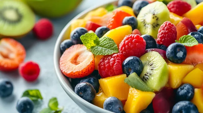 Frischer Obstsalat in bunter Schale