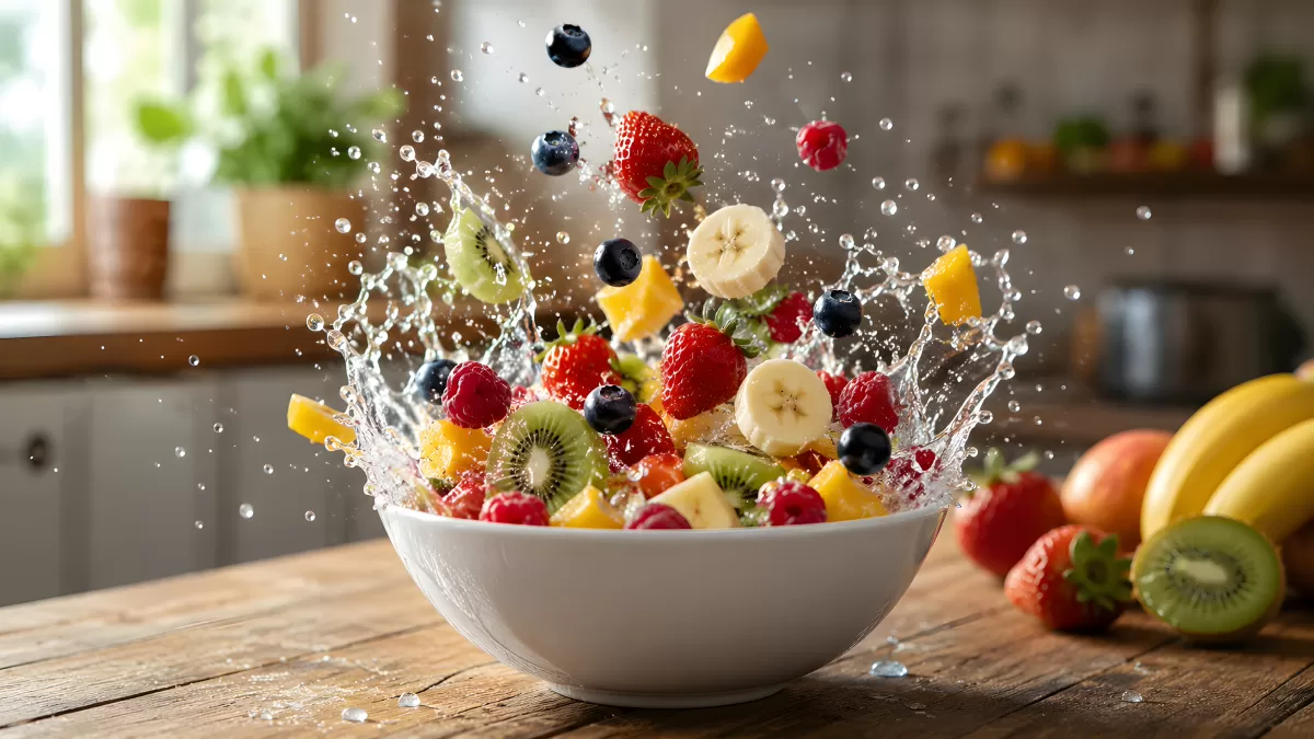 Frischer Obstsalat mit Wasserspritzer in weißer Schüssel