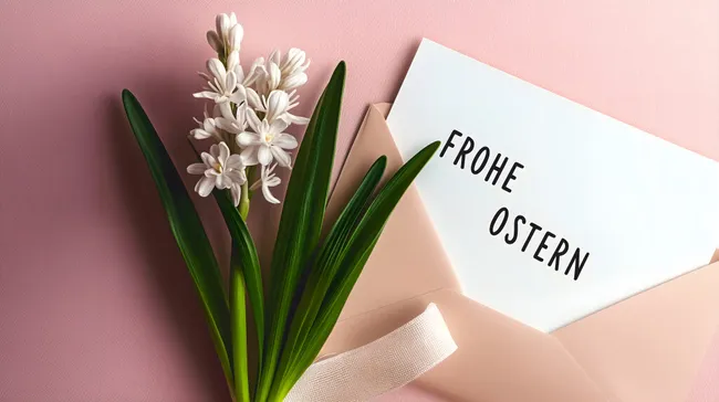 Frischer Ostergruß mit Hyazinthe und Schleife auf Rosa