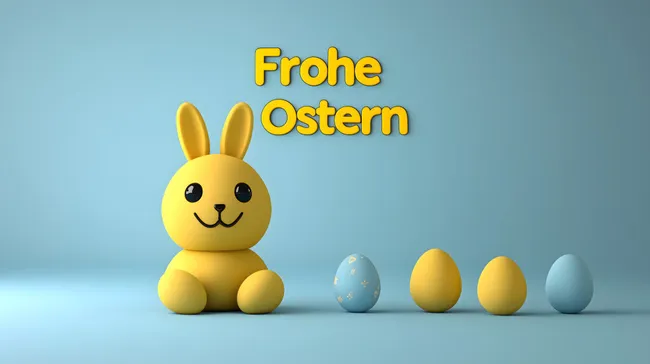 Frischer Osterhase und dekorierte Eier auf blauem Hintergrund