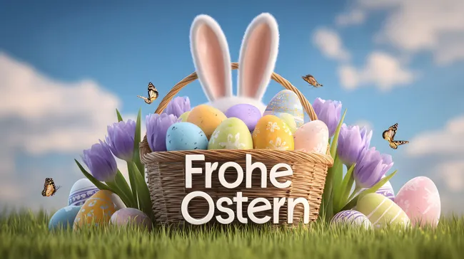 Frischer Osterkorb mit Hasenohren, bunten Eiern und Tulpen