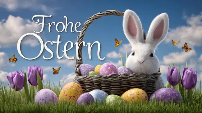 Frischer Osterkorb mit weißem Hasen und bunten Eiern