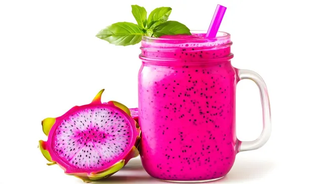 Frischer pinker Drachenfrucht-Smoothie mit Basilikum