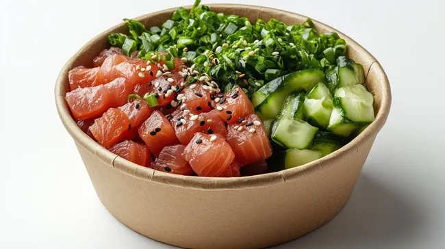 Frischer Poke Bowl mit Lachs und Gemüse