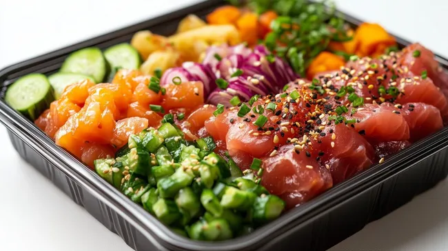 Frischer Poke-Bowl mit Thunfisch in To-Go-Verpackung