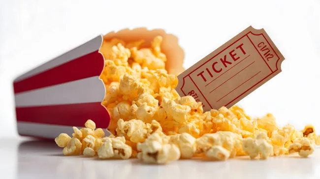 Frischer Popcorn in roter Kinokiste mit Ticket