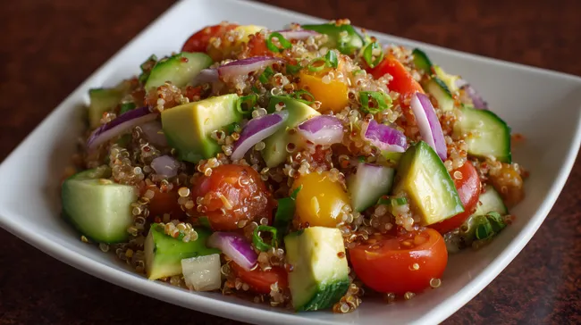 Frischer Quinoa-Salat mit buntem Gemüse in Schüssel