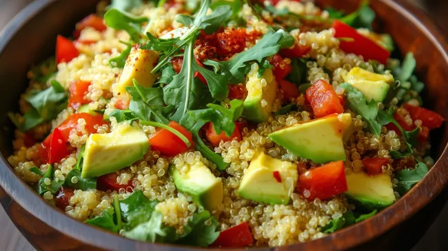 Frischer Quinoa-Salat mit Gemüse in Holzschale