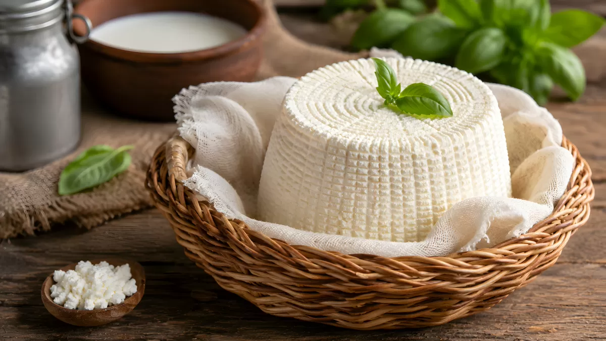 Frischer Ricotta im Weidenkorb mit Basilikum