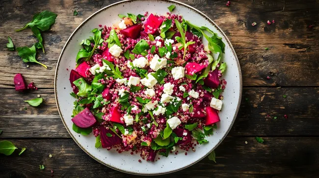 Frischer Rote-Bete-Feta-Quinoa-Salat auf rustikalem Holztisch