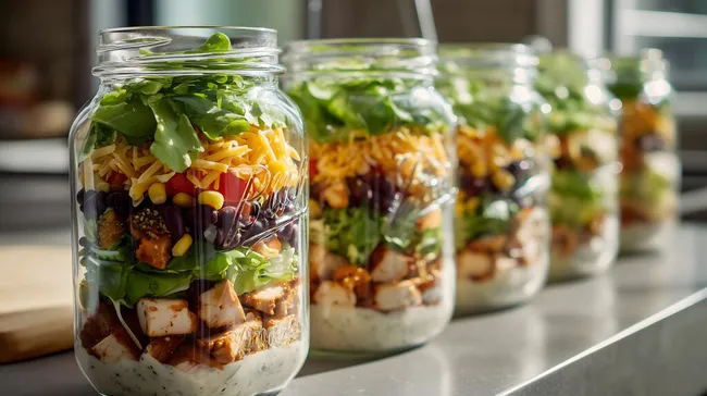 Frischer Salat in Einmachgläsern mit Hühnchen und Käse