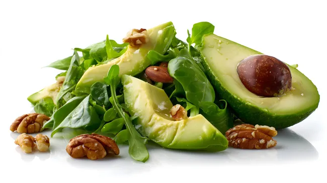 Frischer Salat mit Avocado, Nüssen und Blattgemüse