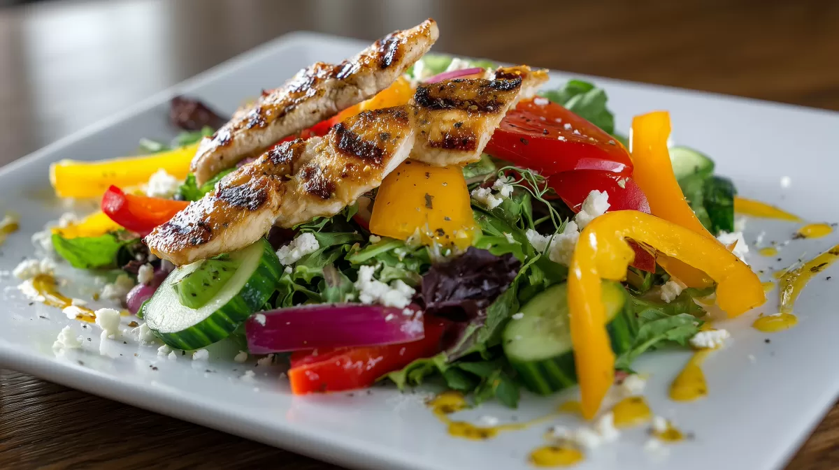 Frischer Salat mit gegrilltem Hähnchen und Gemüse