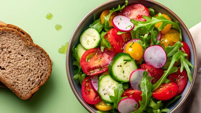 Frischer Salat mit Gemüse und Brot auf grünem Hintergrund